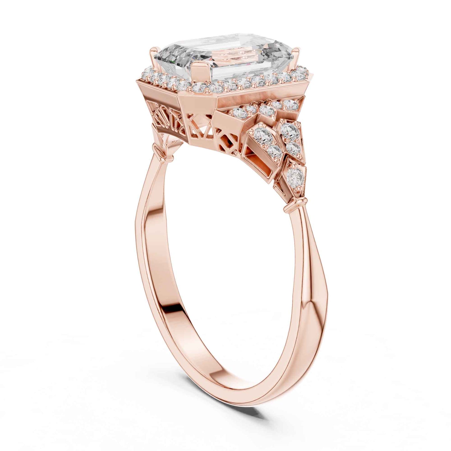 2 Carat Emerald Cut Lab Grown Diamond Halo Engagement Ring with Geometric Side Accents