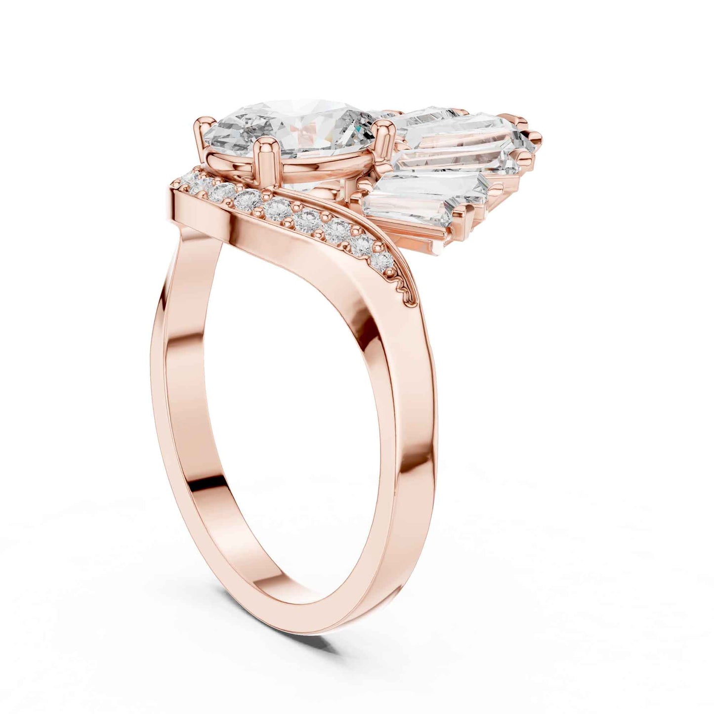 1 Carat Oval Lab Grown Diamond Statement Ring with Baguette Fan Halo