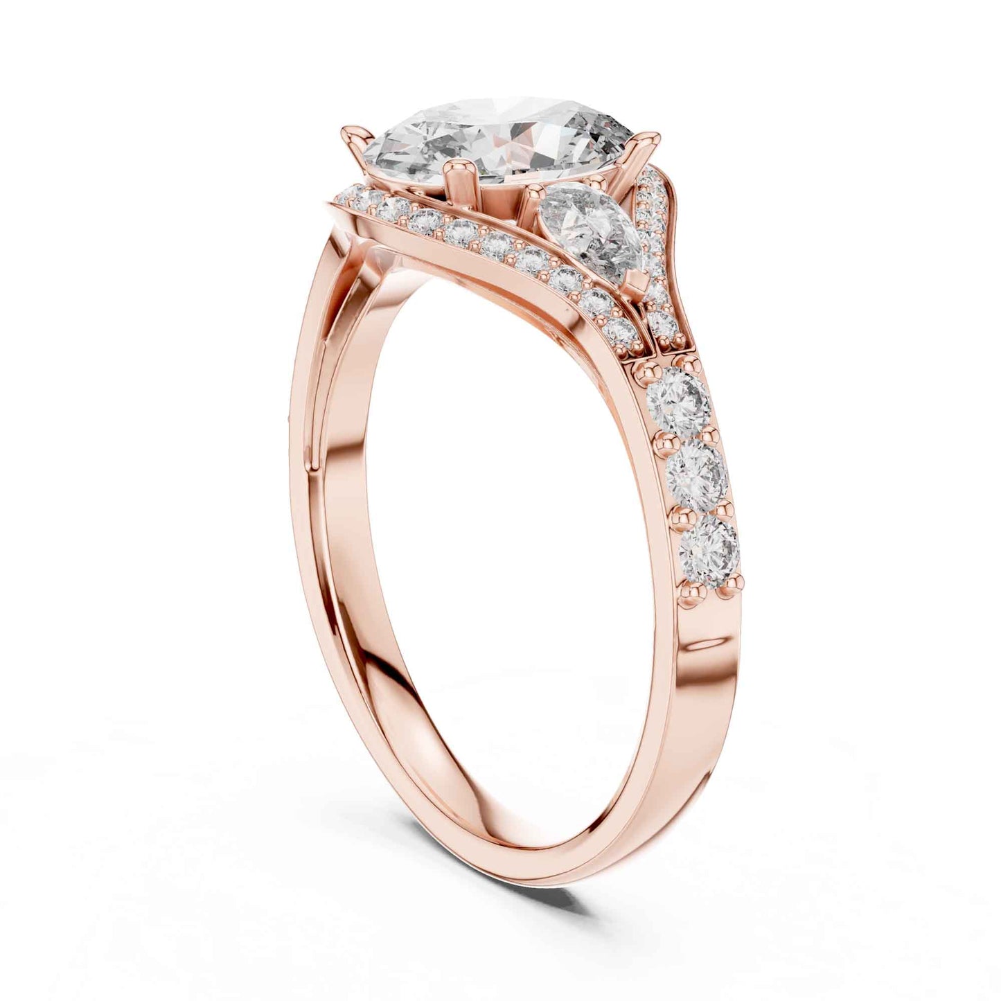 1 Carat Oval Lab Grown Diamond Engagement Ring with Curved Halo and Side Stones