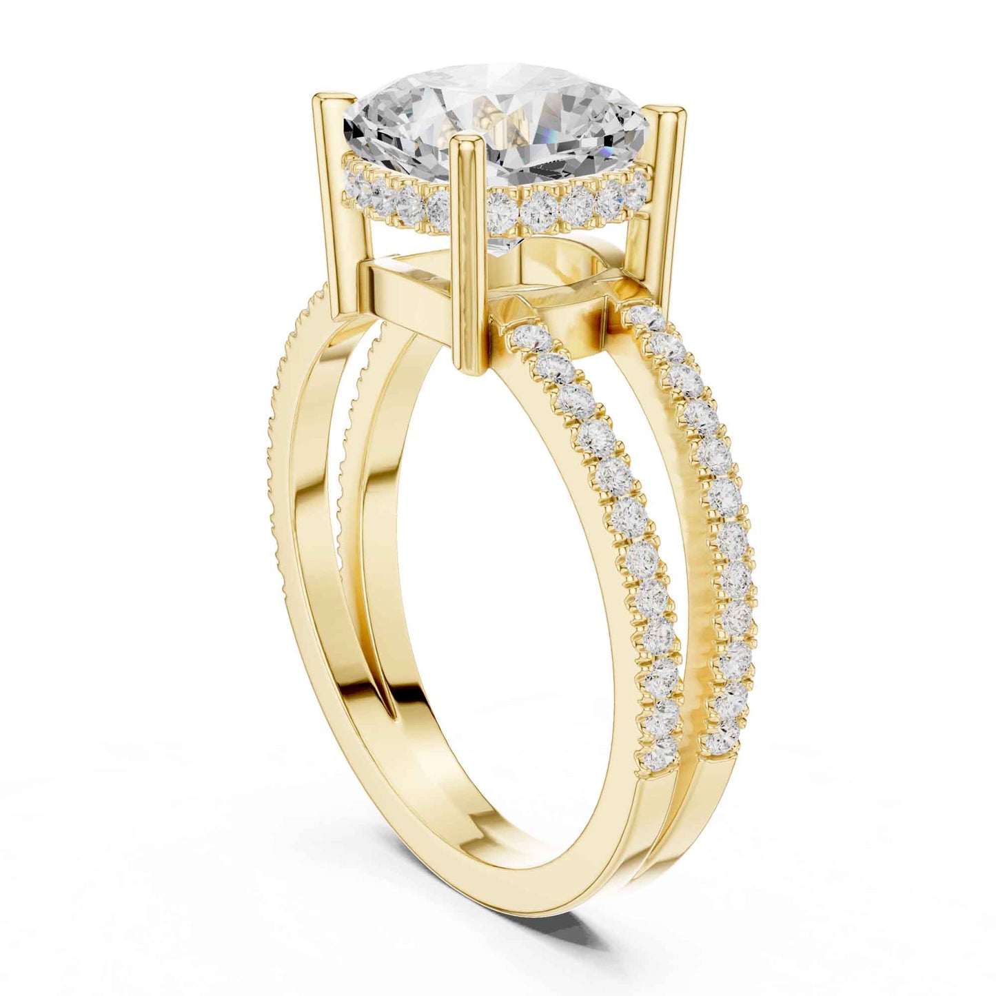 3 Carat Cushion Cut center stone with a split shank pavé band