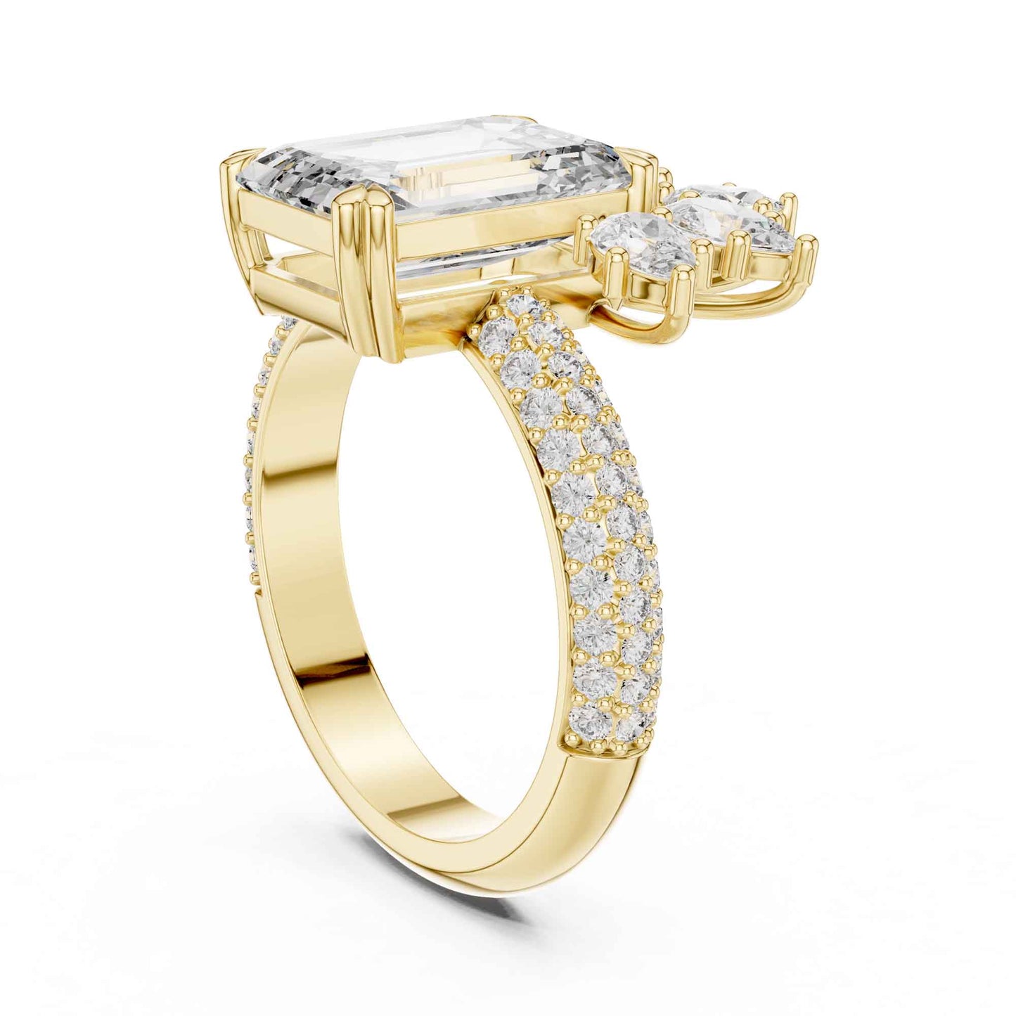 4 Carat Emerald-Cut Diamond Engagement Ring with Floral Accent and Pavé Band