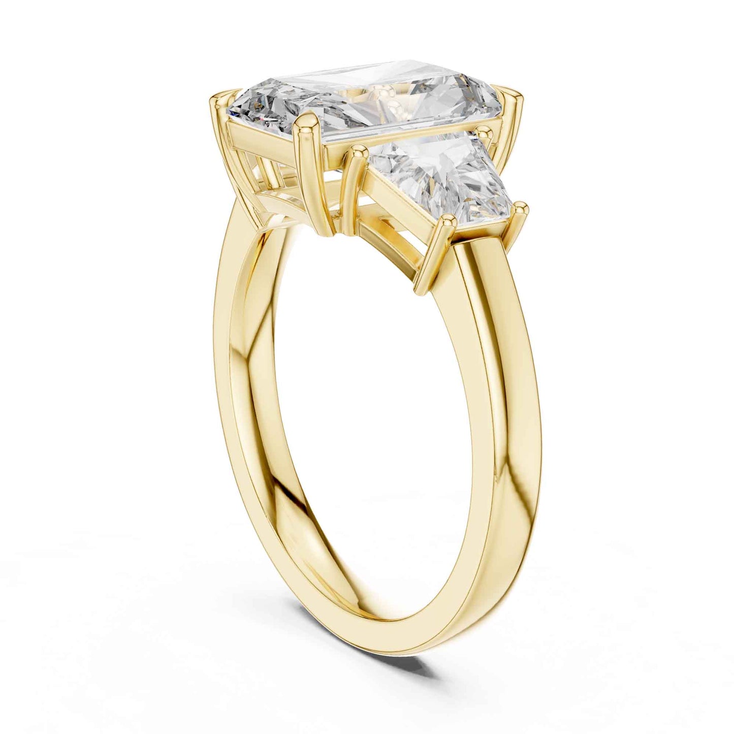 3 Carat Radiant Cut Lab Grown Diamond Three Stone Engagement Ring with Trapezoid Side Stones