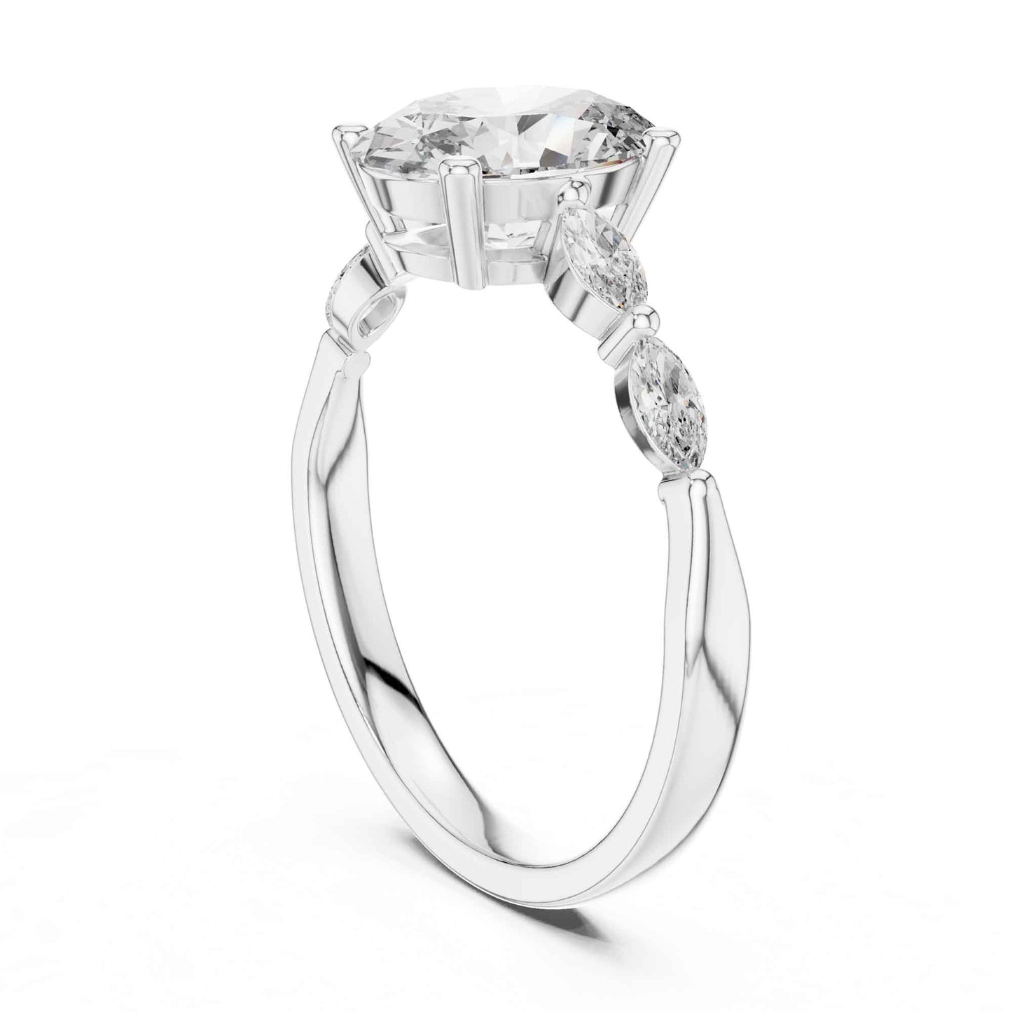 1 Carat Oval Lab Grown Diamond Engagement Ring with Marquise Side Stones