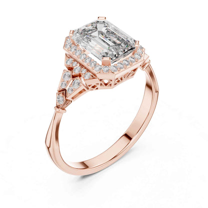 2 Carat Emerald Cut Lab Grown Diamond Halo Engagement Ring with Geometric Side Accents