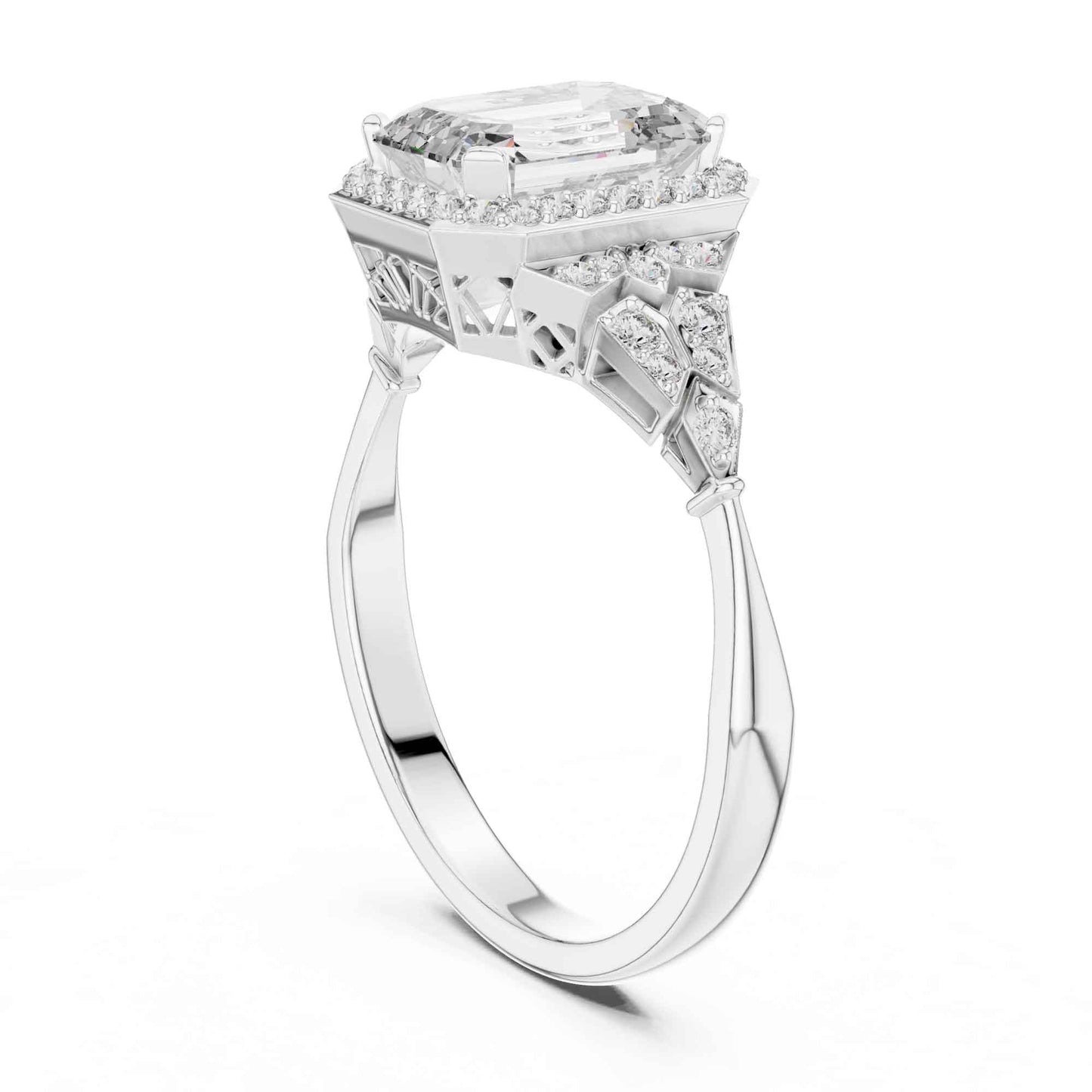 2 Carat Emerald Cut Lab Grown Diamond Halo Engagement Ring with Geometric Side Accents