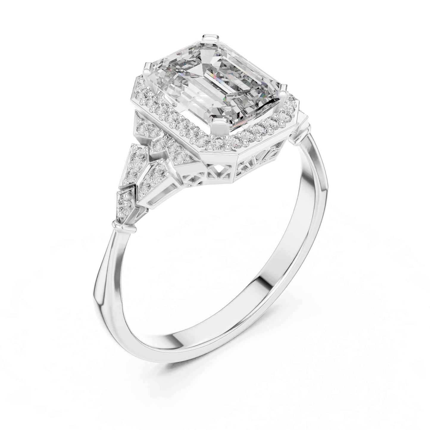 2 Carat Emerald Cut Lab Grown Diamond Halo Engagement Ring with Geometric Side Accents