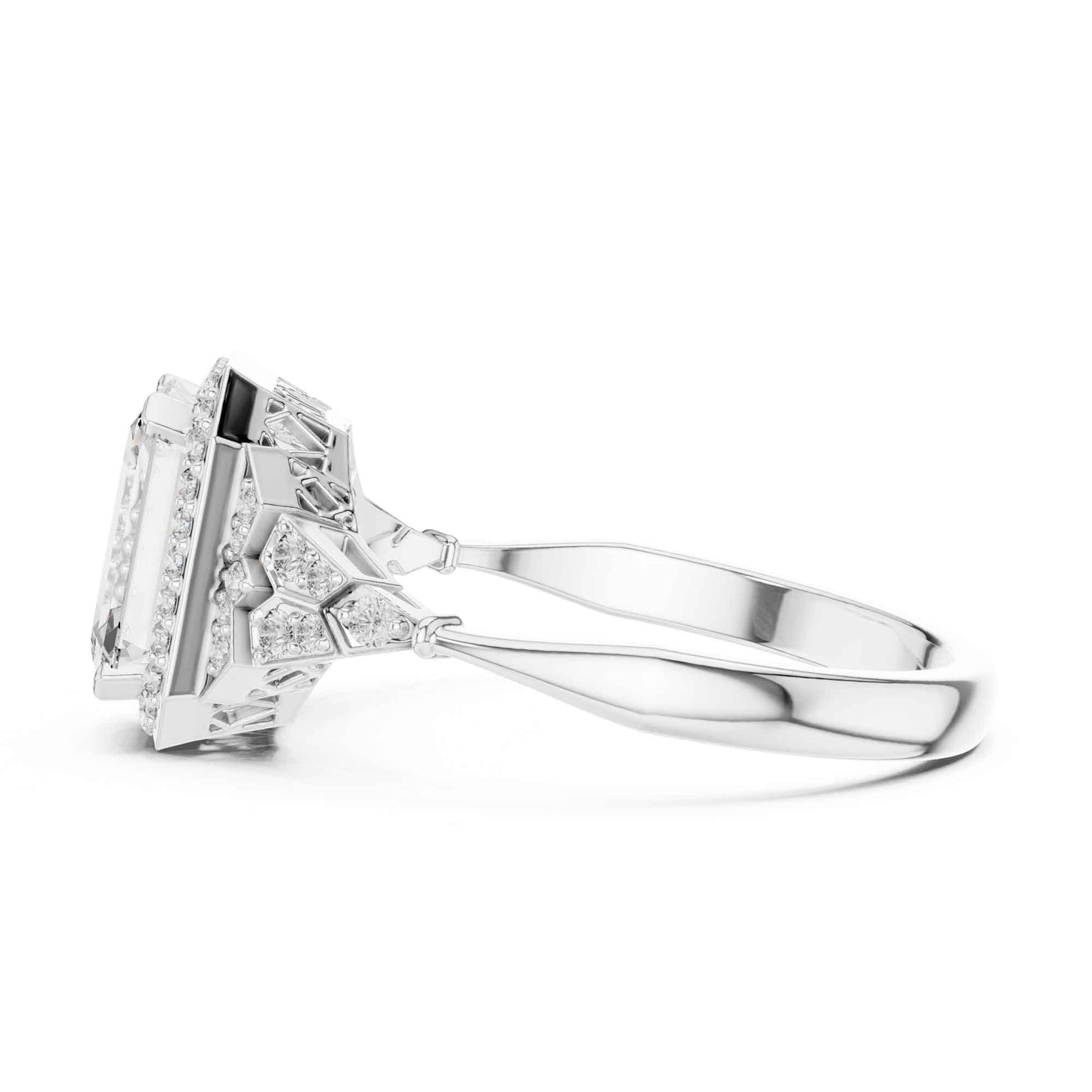 2 Carat Emerald Cut Lab Grown Diamond Halo Engagement Ring with Geometric Side Accents