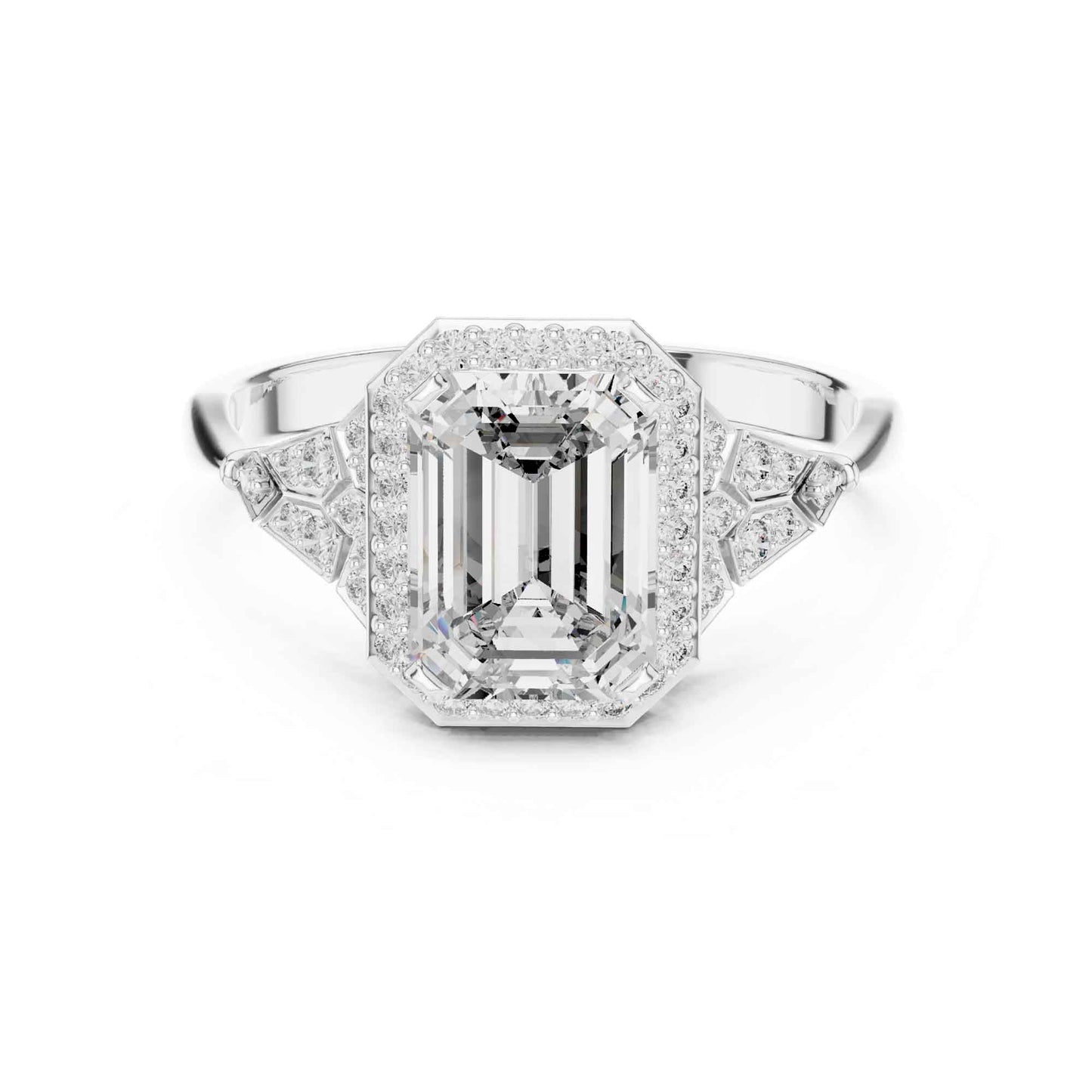 2 Carat Emerald Cut Lab Grown Diamond Halo Engagement Ring with Geometric Side Accents