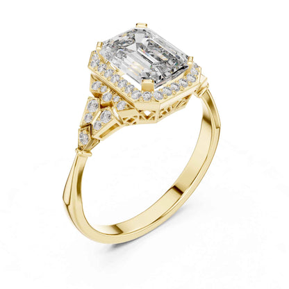 2 Carat Emerald Cut Lab Grown Diamond Halo Engagement Ring with Geometric Side Accents