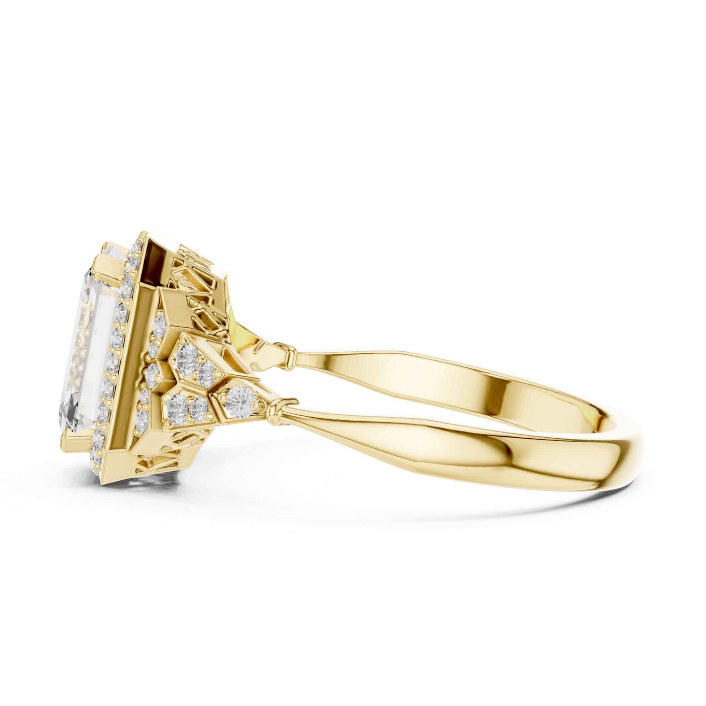 2 Carat Emerald Cut Lab Grown Diamond Halo Engagement Ring with Geometric Side Accents