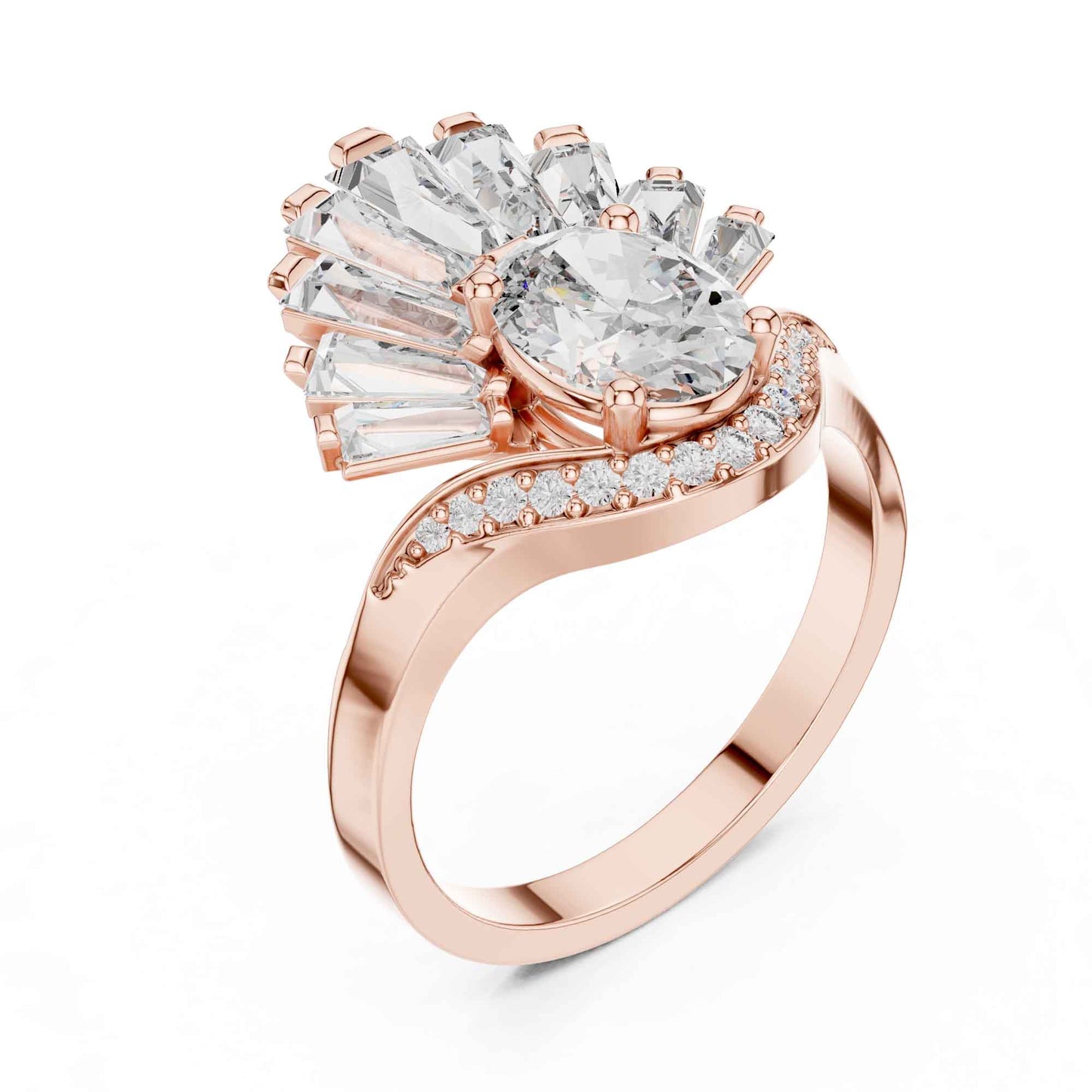 1 Carat Oval Lab Grown Diamond Statement Ring with Baguette Fan Halo