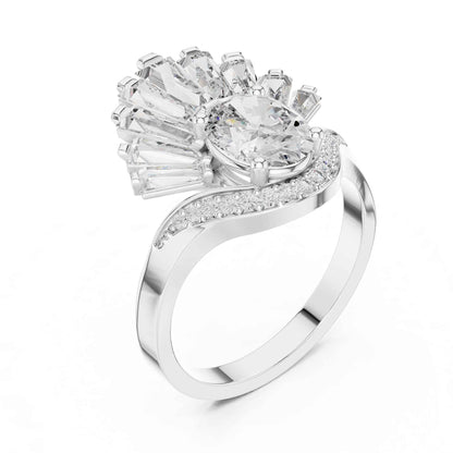 1 Carat Oval Lab Grown Diamond Statement Ring with Baguette Fan Halo