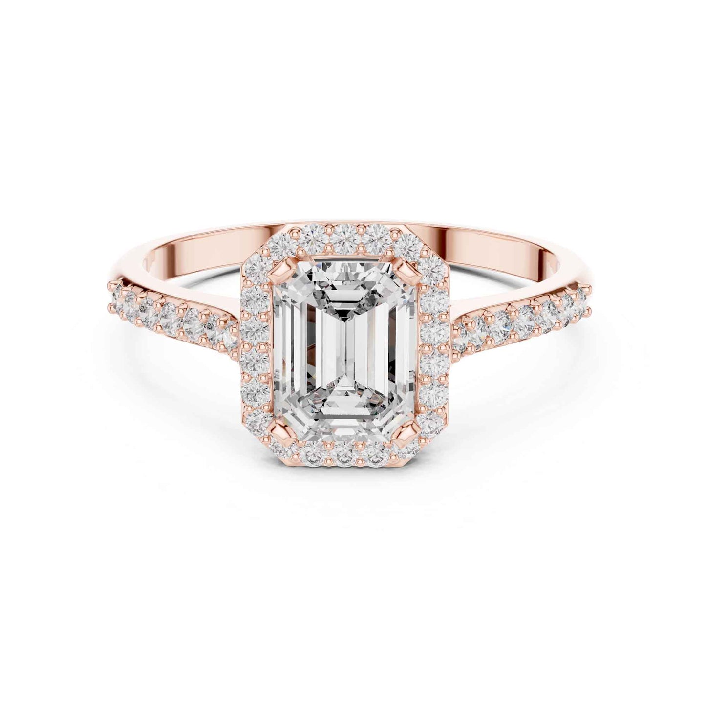 1 Carat Emerald Cut Lab Grown Diamond Halo Engagement Ring with Pavé Band