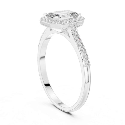 1 Carat Emerald Cut Lab Grown Diamond Halo Engagement Ring with Pavé Band
