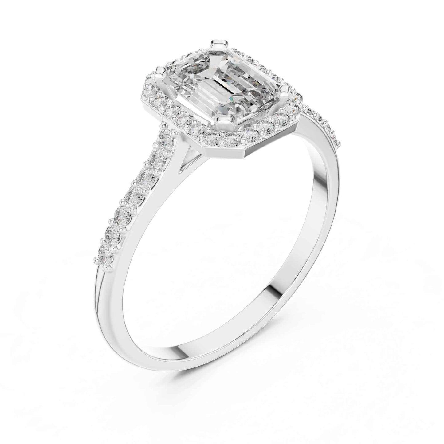 1 Carat Emerald Cut Lab Grown Diamond Halo Engagement Ring with Pavé Band
