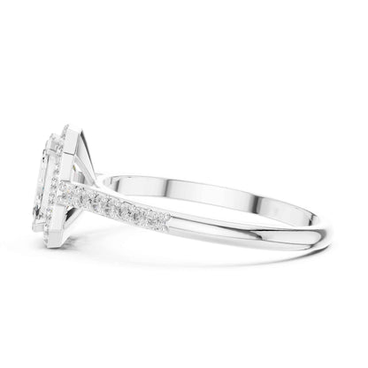 1 Carat Emerald Cut Lab Grown Diamond Halo Engagement Ring with Pavé Band