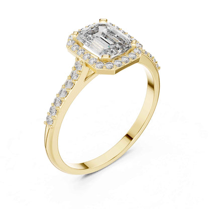 1 Carat Emerald Cut Lab Grown Diamond Halo Engagement Ring with Pavé Band