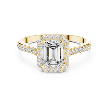 1 Carat Emerald Cut Lab Grown Diamond Halo Engagement Ring with Pavé Band