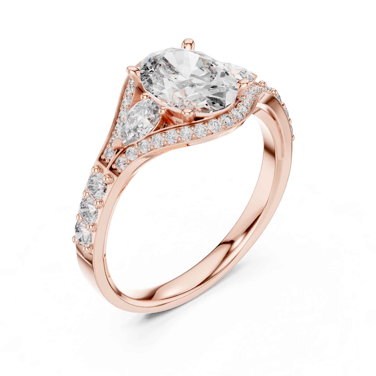 1 Carat Oval Lab Grown Diamond Engagement Ring with Curved Halo and Side Stones