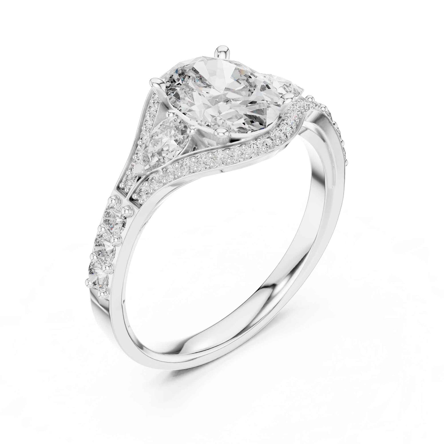 1 Carat Oval Lab Grown Diamond Engagement Ring with Curved Halo and Side Stones