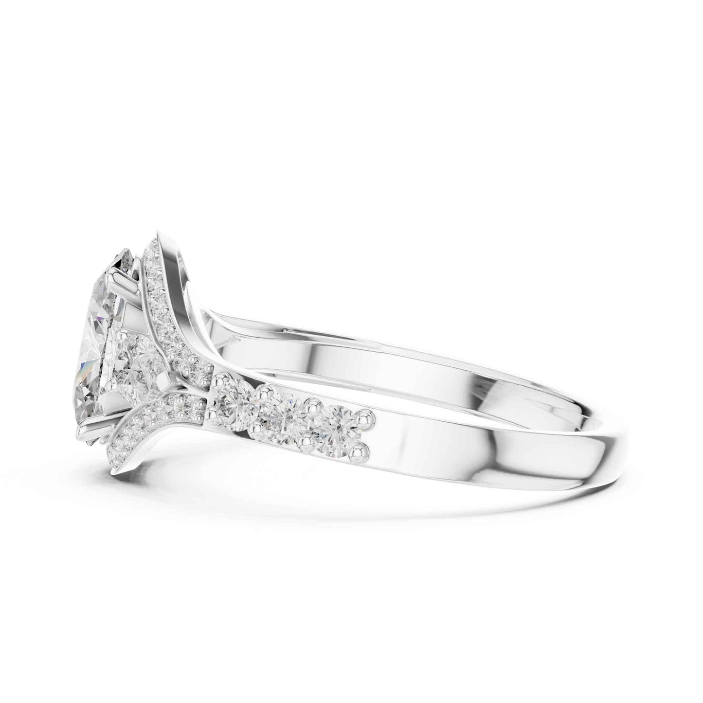 1 Carat Oval Lab Grown Diamond Engagement Ring with Curved Halo and Side Stones