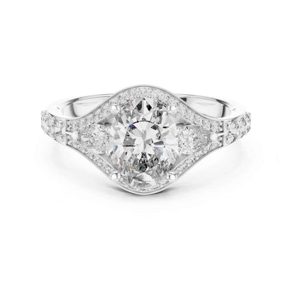 1 Carat Oval Lab Grown Diamond Engagement Ring with Curved Halo and Side Stones