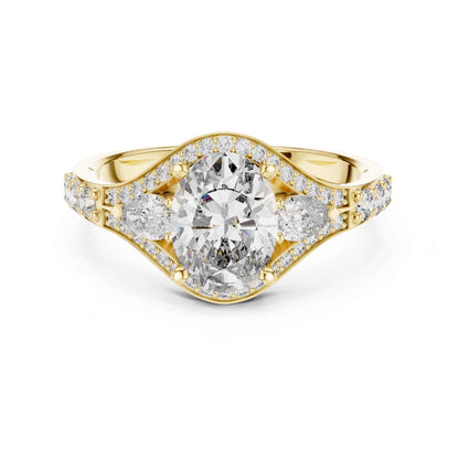 1 Carat Oval Lab Grown Diamond Engagement Ring with Curved Halo and Side Stones