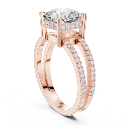 3 Carat Cushion Cut center stone with a split shank pavé band