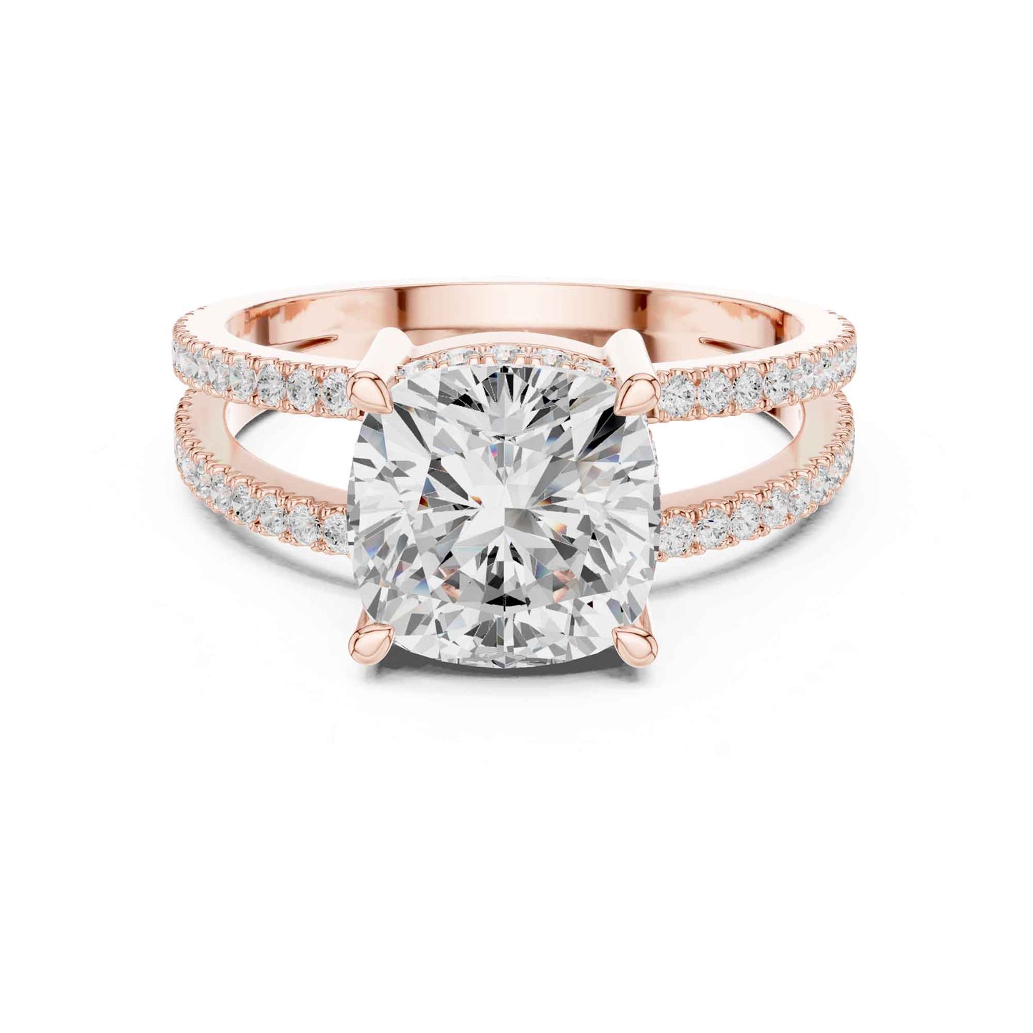 3 Carat Cushion Cut center stone with a split shank pavé band