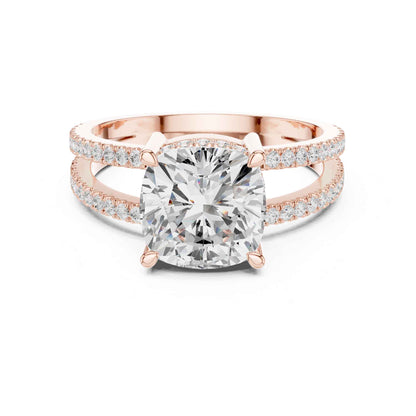 3 Carat Cushion Cut center stone with a split shank pavé band