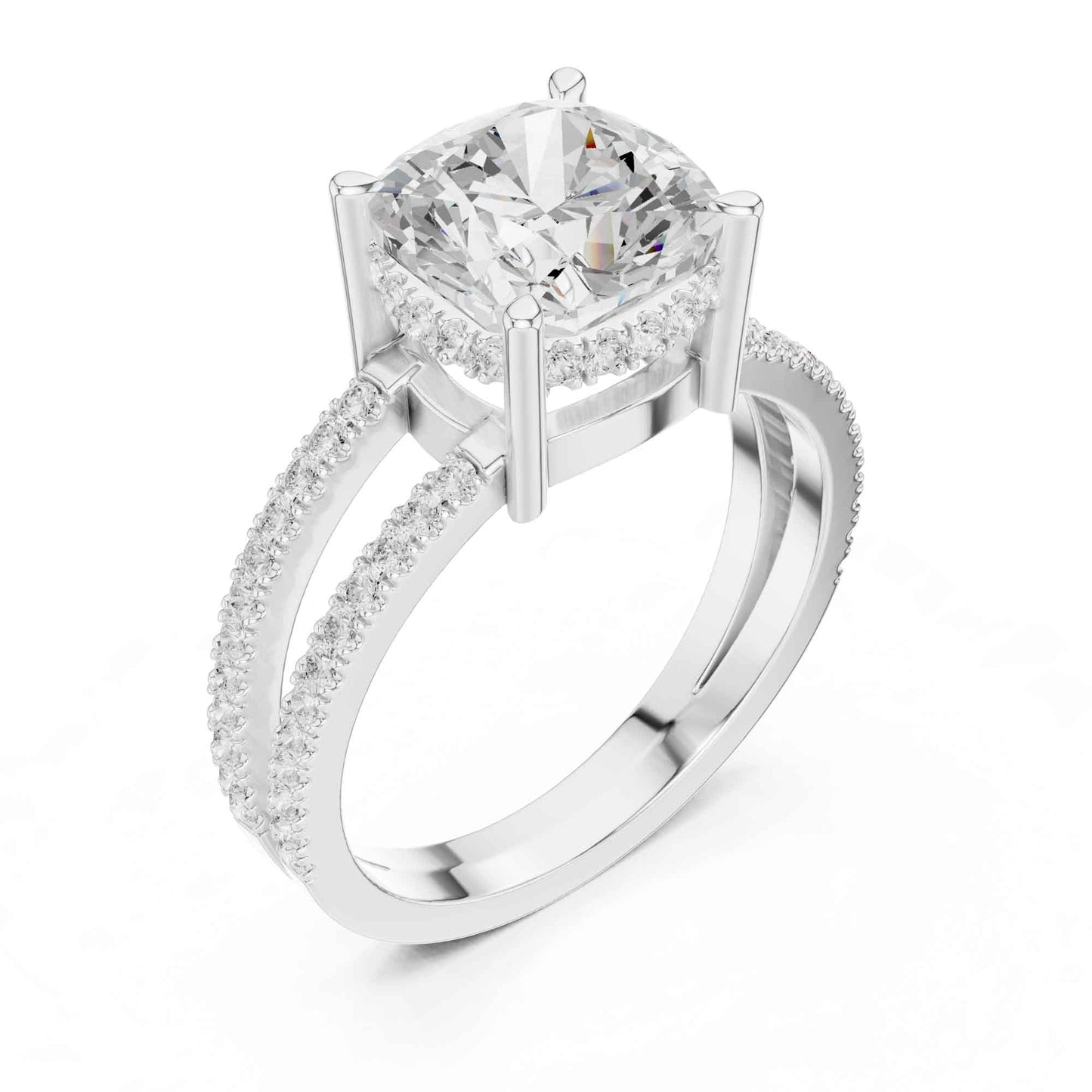 3 Carat Cushion Cut center stone with a split shank pavé band