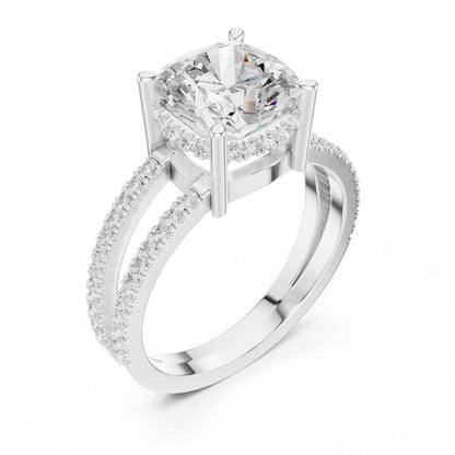 3 Carat Cushion Cut center stone with a split shank pavé band