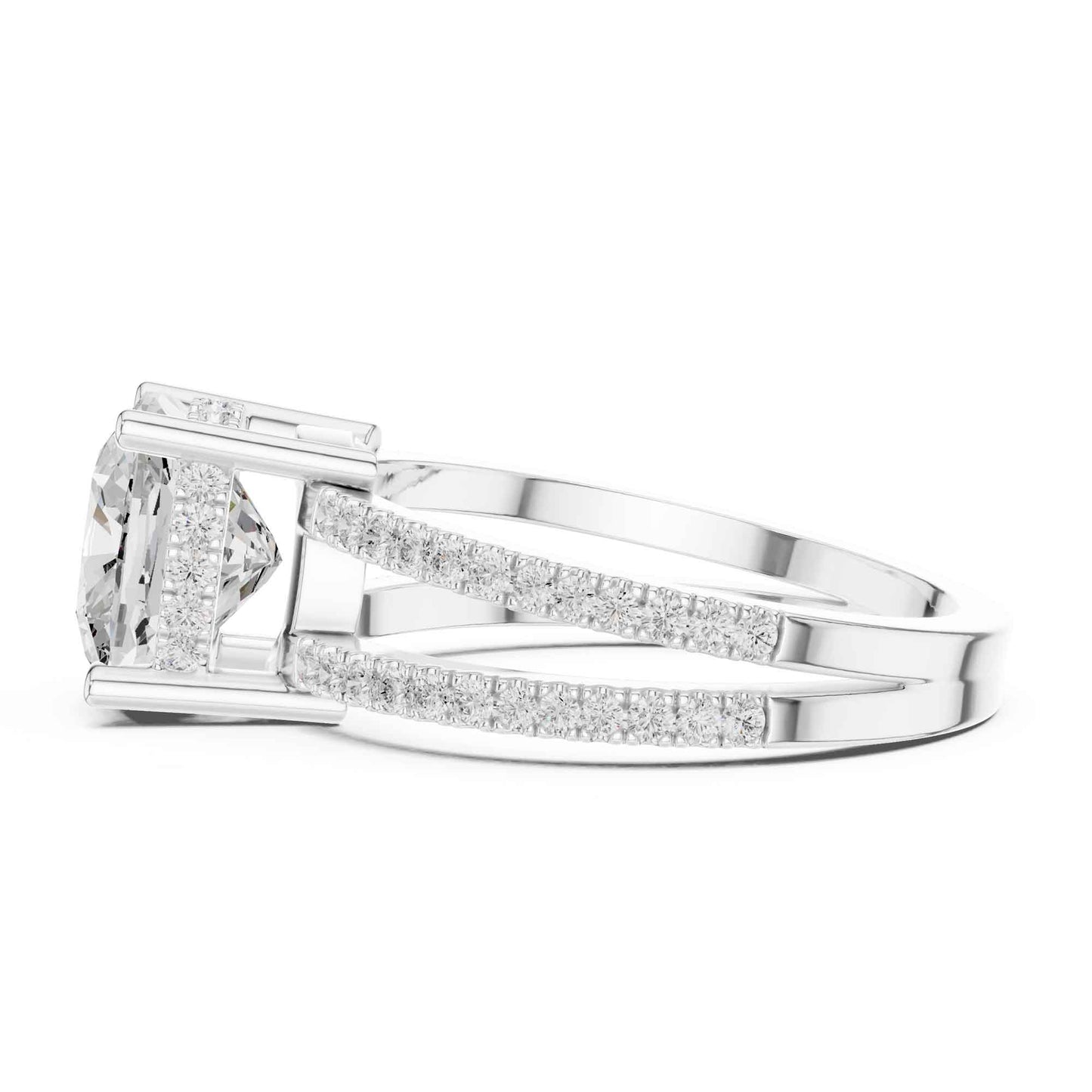 3 Carat Cushion Cut center stone with a split shank pavé band