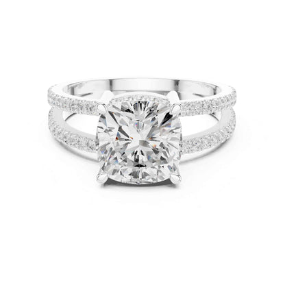 3 Carat Cushion Cut center stone with a split shank pavé band