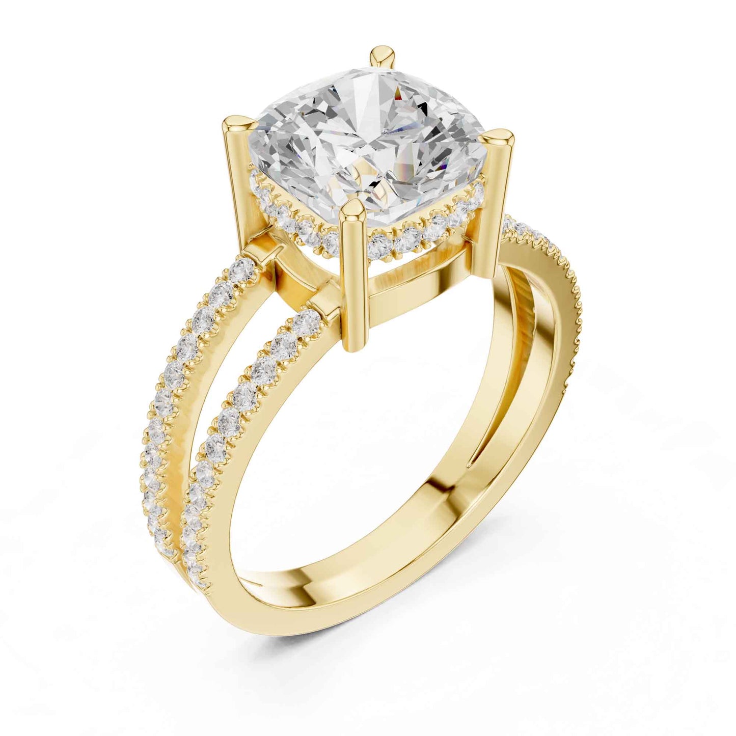 3 Carat Cushion Cut center stone with a split shank pavé band
