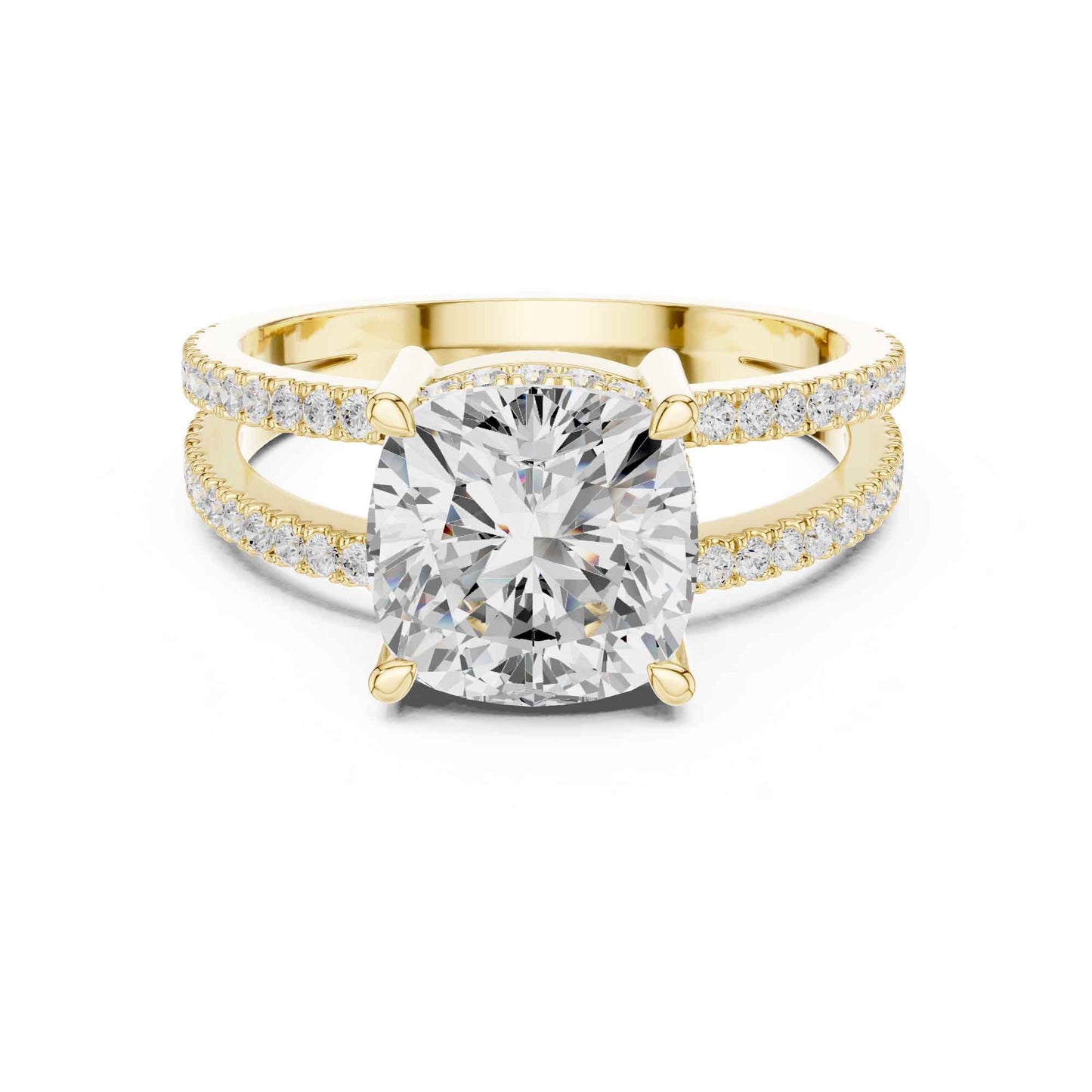3 Carat Cushion Cut center stone with a split shank pavé band