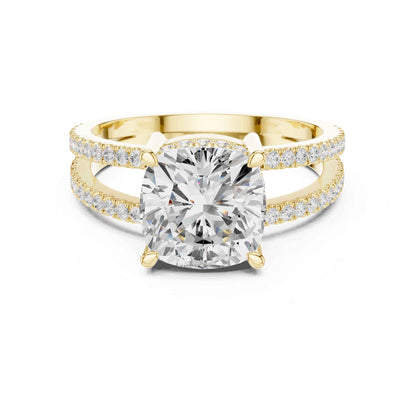 3 Carat Cushion Cut center stone with a split shank pavé band