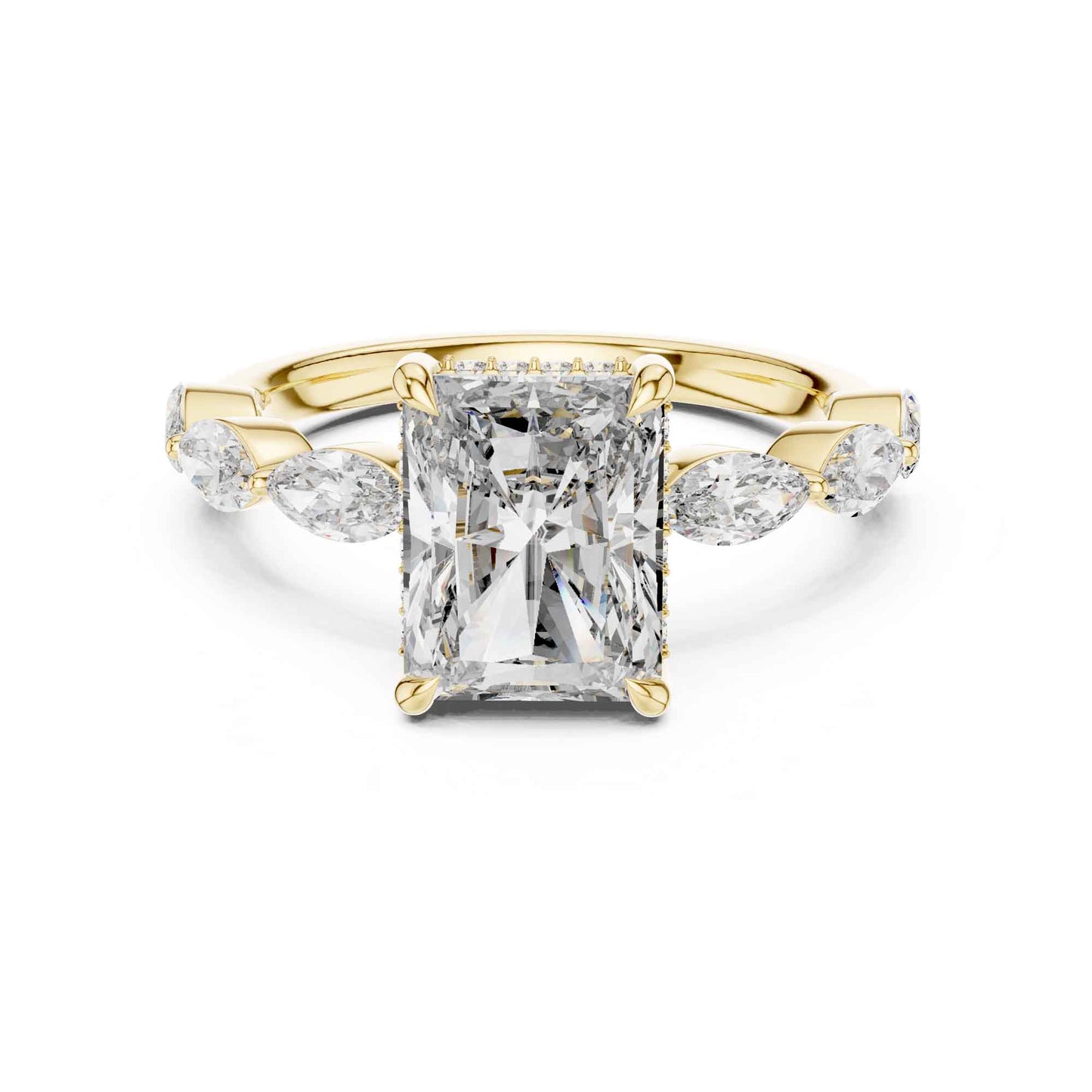 3 Carat Radiant Cut Diamond Ring with Graceful Marquise Side Stones