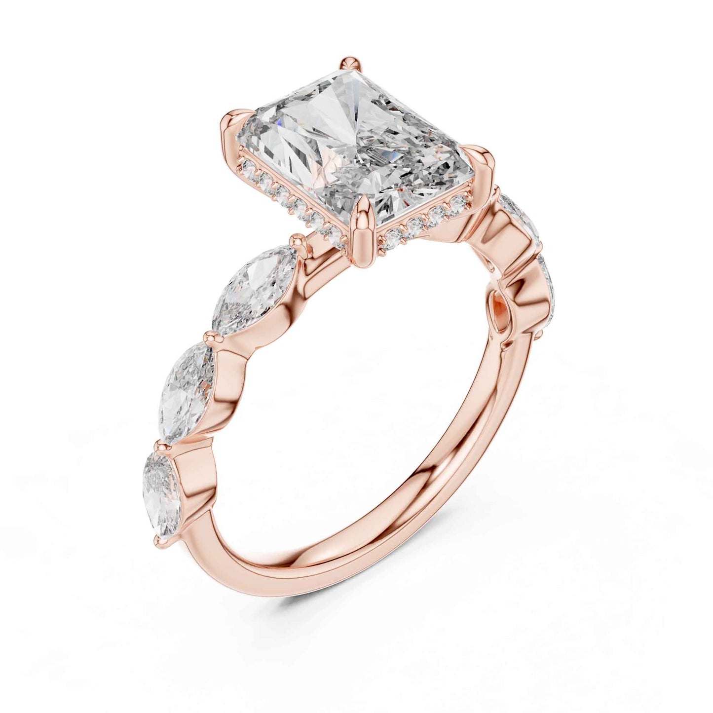 3 Carat Radiant Cut Diamond Ring with Graceful Marquise Side Stones