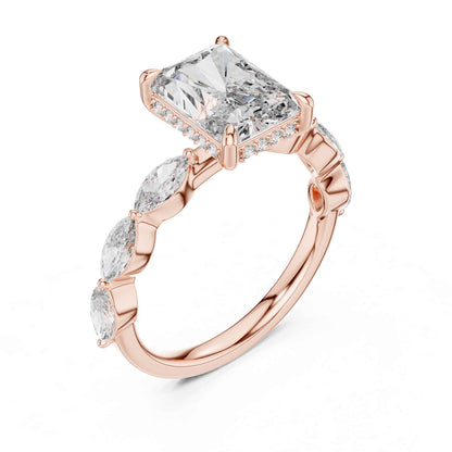 3 Carat Radiant Cut Diamond Ring with Graceful Marquise Side Stones