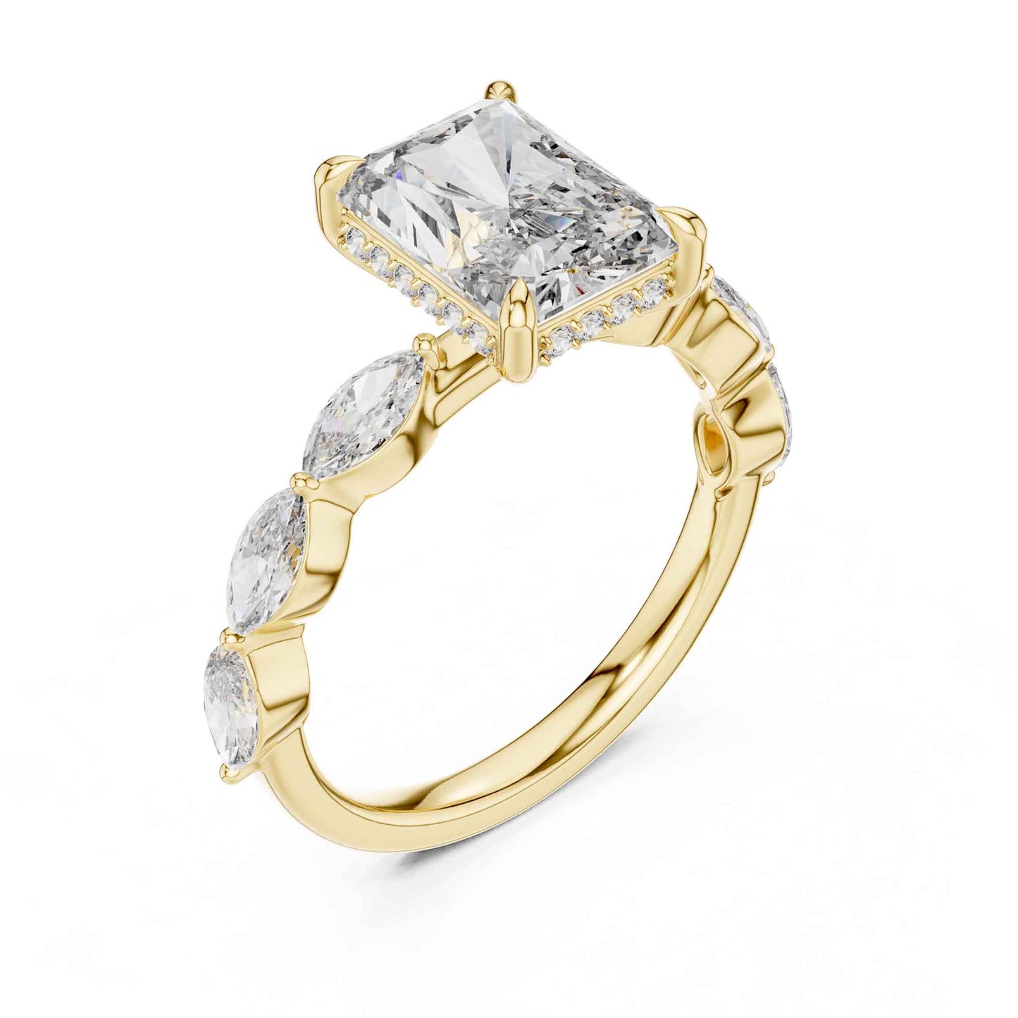 3 Carat Radiant Cut Diamond Ring with Graceful Marquise Side Stones