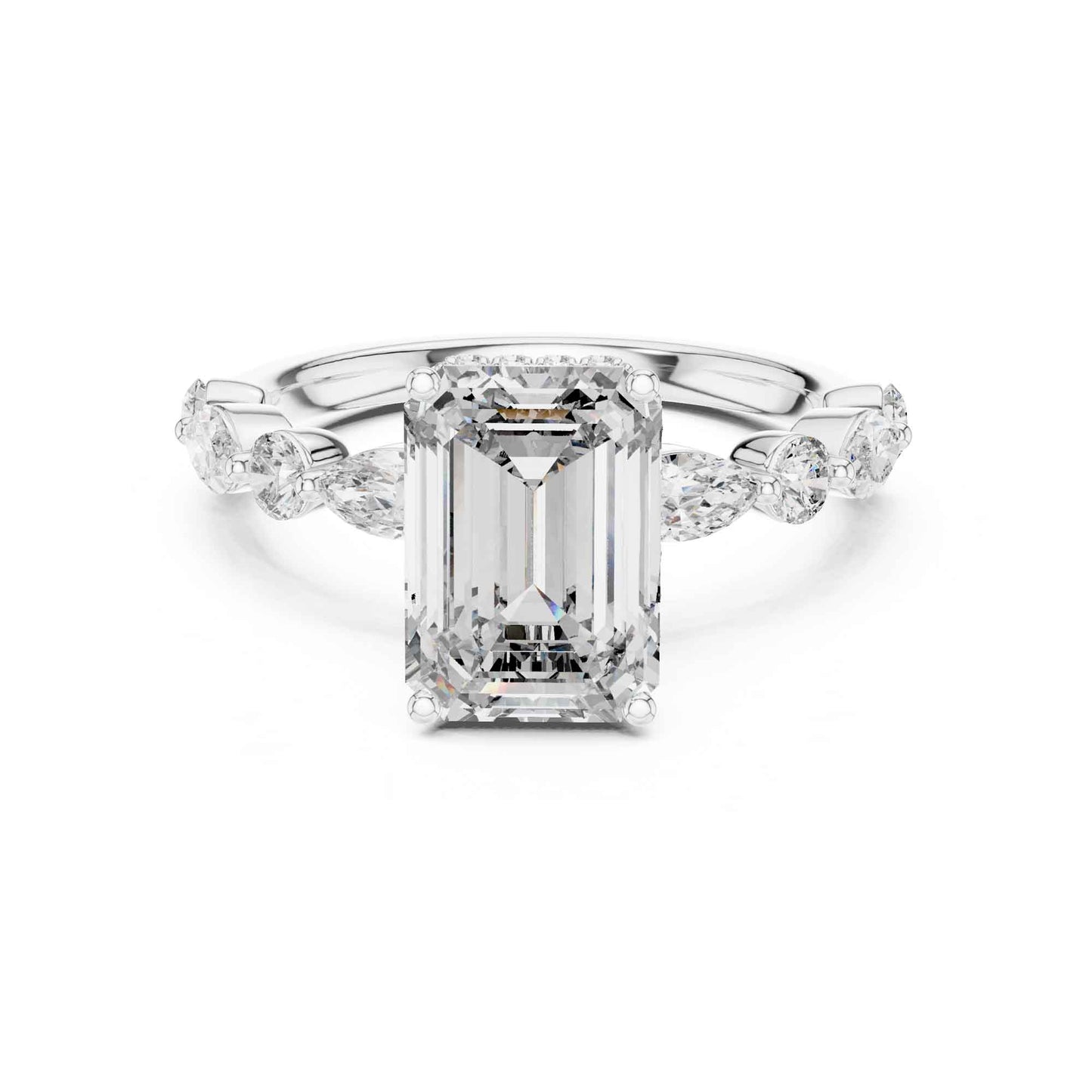 3 Carat Emerald Cut Center Diamond Ring with Marquise Accent Stones