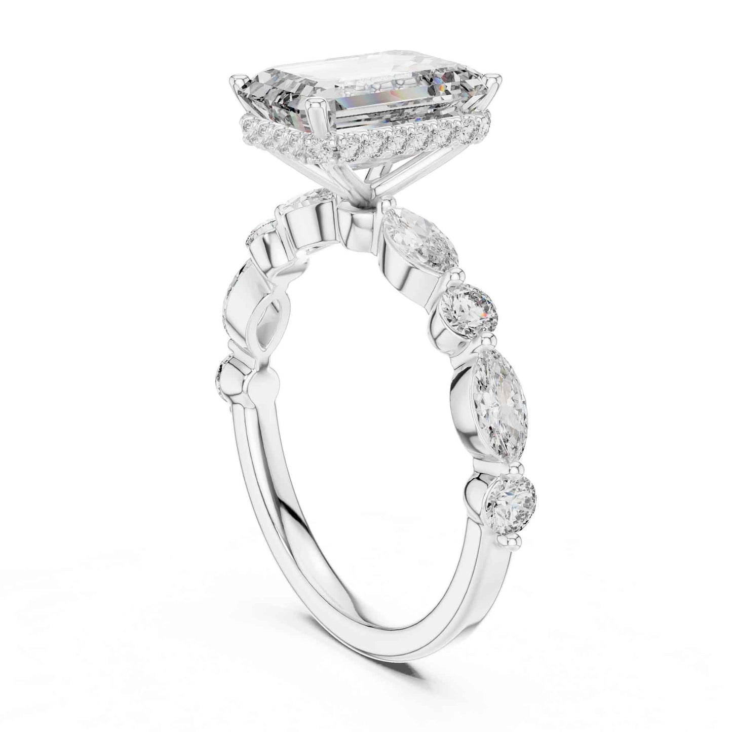 3 Carat Emerald Cut Center Diamond Ring with Marquise Accent Stones