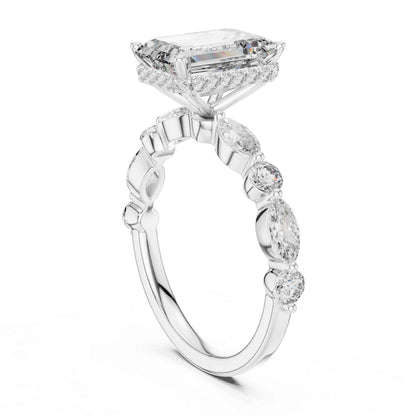 3 Carat Emerald Cut Center Diamond Ring with Marquise Accent Stones