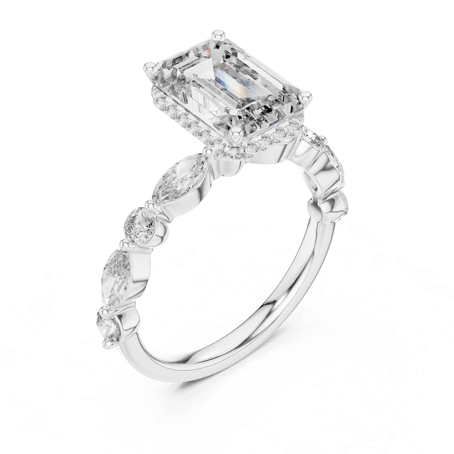 3 Carat Emerald Cut Center Diamond Ring with Marquise Accent Stones