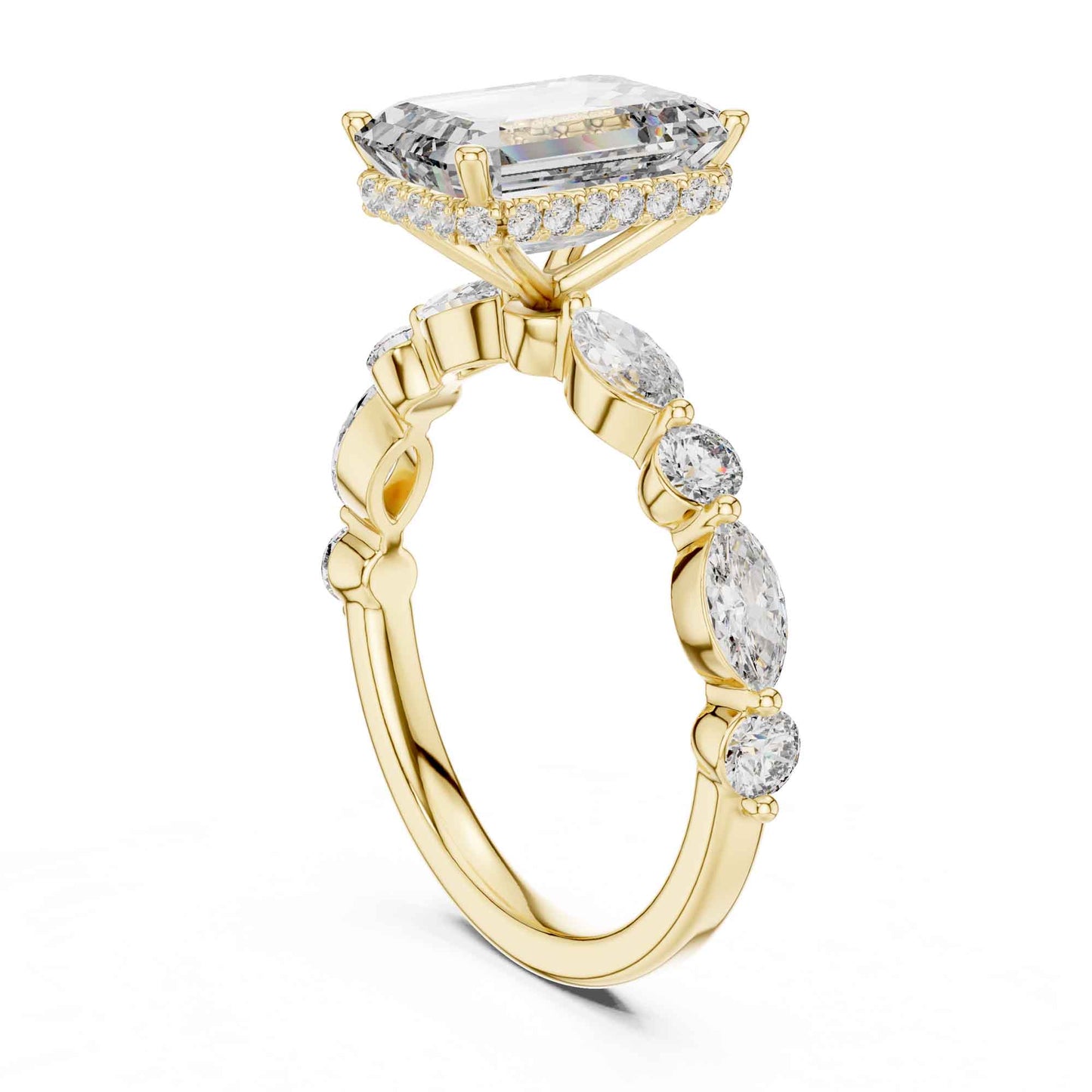 3 Carat Emerald Cut Center Diamond Ring with Marquise Accent Stones