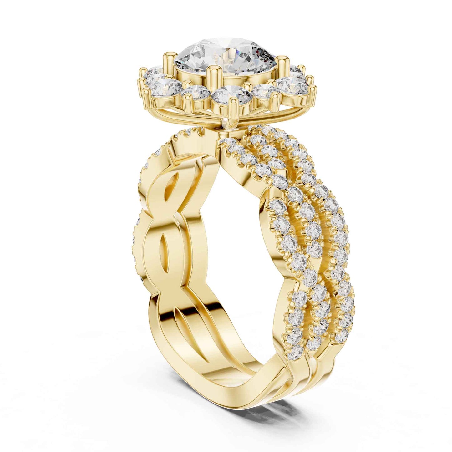 1.5 Carat Round center halo diamond ring with split pavé band