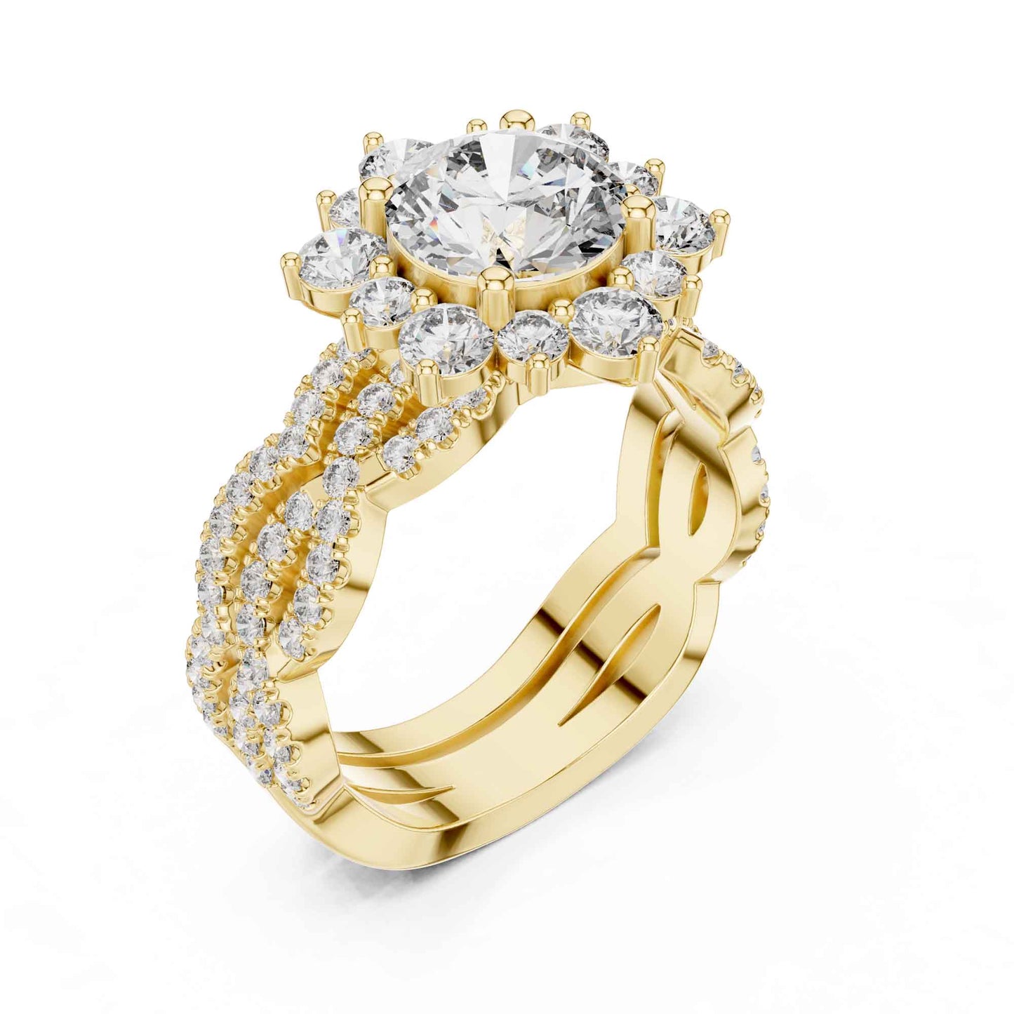 1.5 Carat Round center halo diamond ring with split pavé band