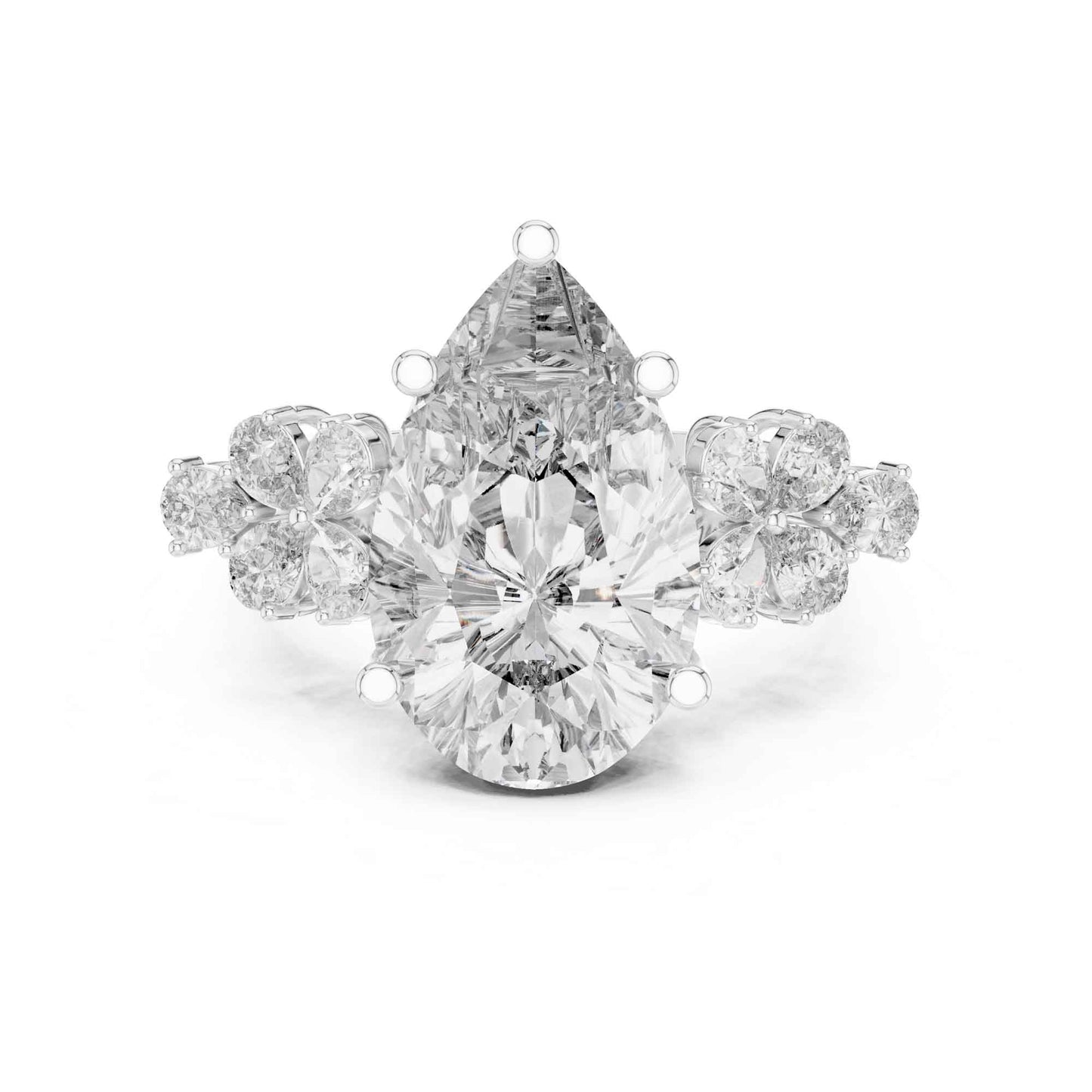 6 Carat Pear Cut Diamond Engagement Ring with Floral Side Accents