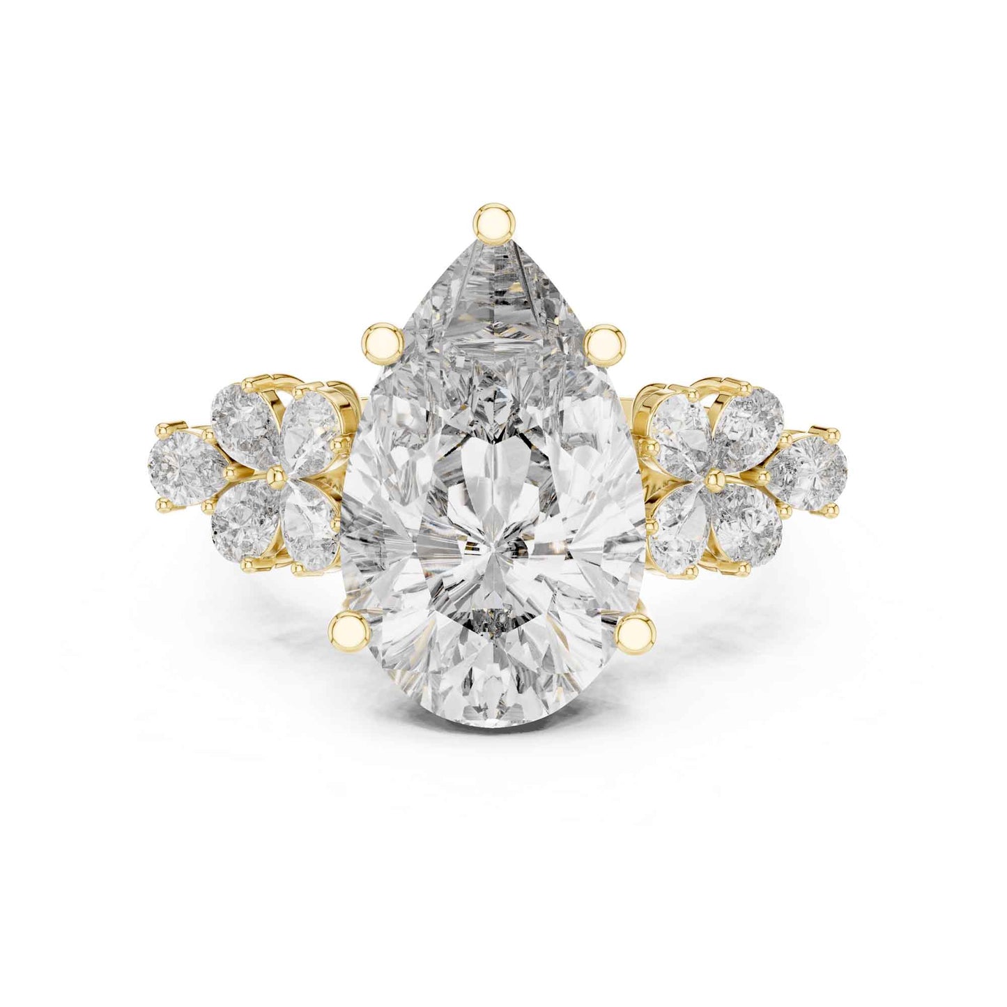 6 Carat Pear Cut Diamond Engagement Ring with Floral Side Accents